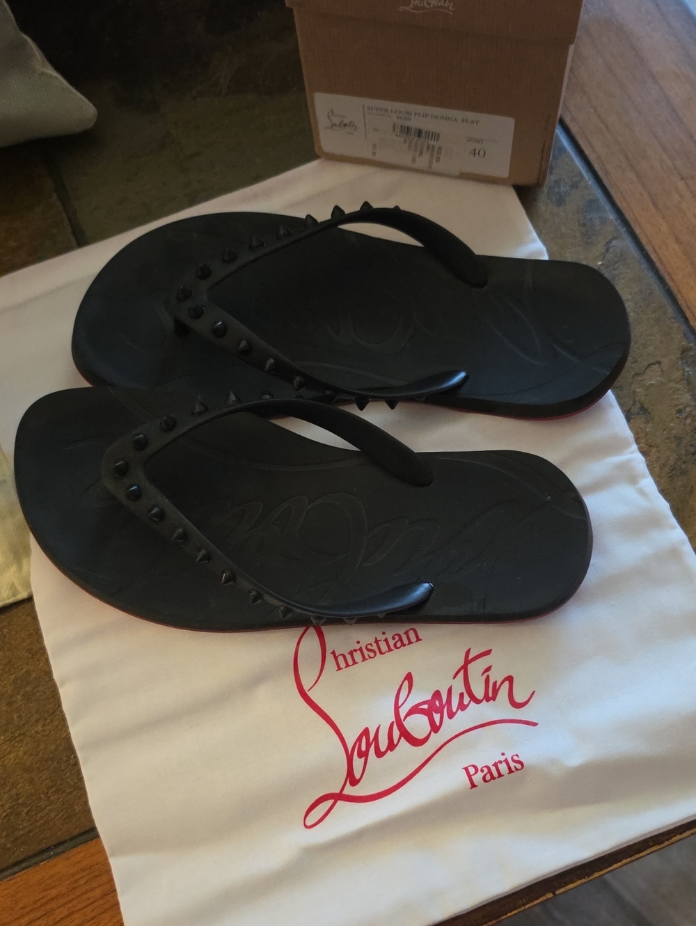 Authentic Christian Louboutin Black Studded Rubber Flip-Flops